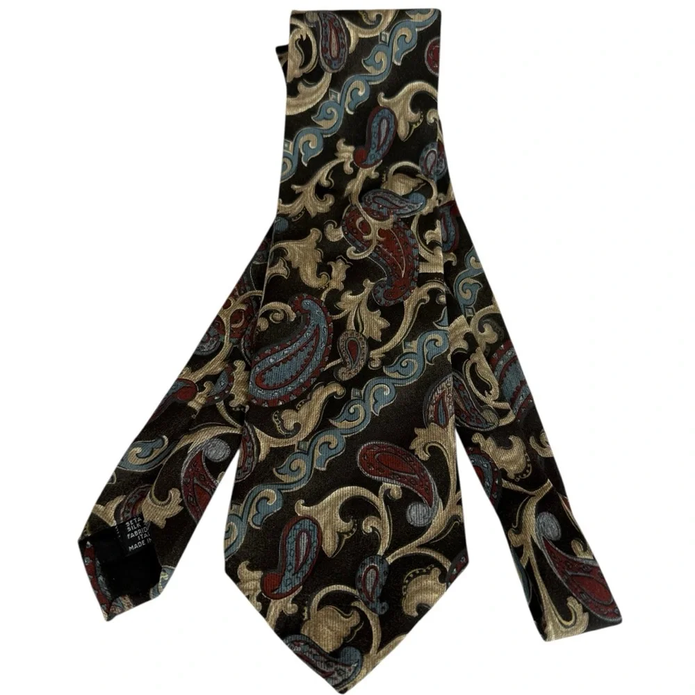 Hugo Boss Paisley Silk Tie Made In Italy Brown Burgundy Blue Gold